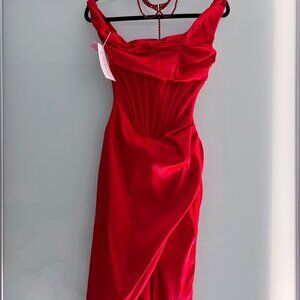 XS Brand New Off-Shoulder Red Satin Corset Midi Dress